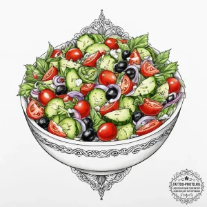 A fresh, colorful greek salad in a white bowl... - эскиз тату (№1754003981_0, 31.07.2025 23:19) — tattoo-photo.ru