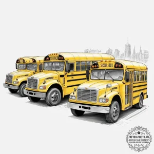 A row of yellow school buses parked in a lot.... - эскиз тату (№1754005747_0, 31.07.2025 23:49) — tattoo-photo.ru