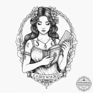Tattoo design a virgo maiden, holding a book... - эскиз тату (№1754011430_0, 01.08.2025 01:23) — tattoo-photo.ru