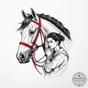 A person grooming a horse., concept art for t... - эскиз тату (№1754013195_0, 01.08.2025 01:53) — tattoo-photo.ru