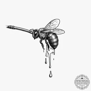 A close-up of honey dripping from a wooden di... - эскиз тату (№1754024822_0, 01.08.2025 05:07) — tattoo-photo.ru