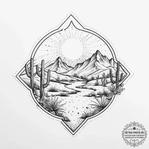 Tattoo sketch a stylized desert landscape wit... - эскиз тату (№1754027993_0, 01.08.2025 05:59) — tattoo-photo.ru