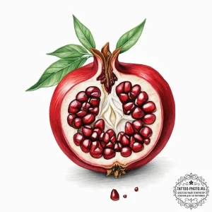 A close-up of a pomegranate, with its seeds e... - эскиз тату (№1754028388_0, 01.08.2025 06:06) — tattoo-photo.ru