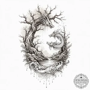 A dense, foggy swamp with spanish moss hangin... - эскиз тату (№1754032359_0, 01.08.2025 07:12) — tattoo-photo.ru