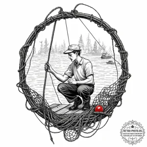 A person repairing a fishing net on a dock.,... - эскиз тату (№1754032556_0, 01.08.2025 07:15) — tattoo-photo.ru