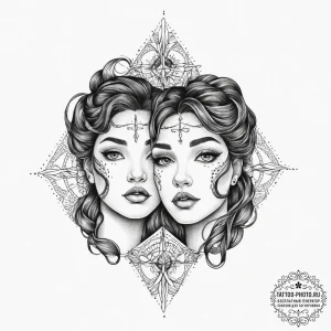 Tattoo sketch twin faces for gemini, connecte... - эскиз тату (№1754034336_0, 01.08.2025 07:45) — tattoo-photo.ru