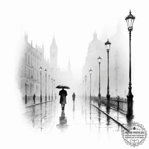 A lone figure with an umbrella walking down a... - эскиз тату (№1754045618_0, 01.08.2025 10:53) — tattoo-photo.ru