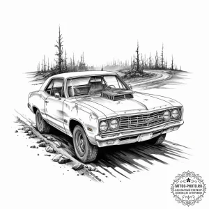 Tattoo sketch a post-apocalyptic vehicle driv... - эскиз тату (№1754051470_0, 01.08.2025 12:31) — tattoo-photo.ru