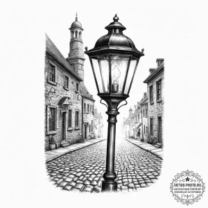 A flickering gas lamp on a historic, cobblest... - эскиз тату (№1754055710_0, 01.08.2025 13:41) — tattoo-photo.ru