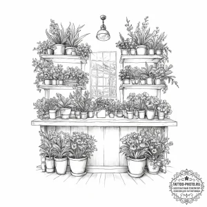 The interior of a vibrant, busy flower shop. - эскиз тату (№1754056720_0, 01.08.2025 13:58) — tattoo-photo.ru
