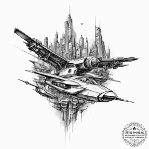 Tattoo sketch a cyberpunk city with flying ve... - эскиз тату (№1754059991_0, 01.08.2025 14:53) — tattoo-photo.ru