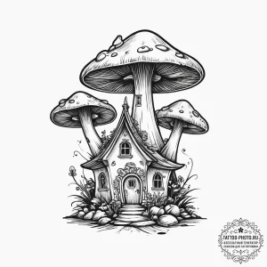 Tattoo design a whimsical mushroom house., co... - эскиз тату (№1754063813_0, 01.08.2025 15:56) — tattoo-photo.ru