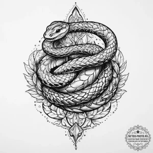 A snake coiled around a crystal, tattoo flash... - эскиз тату (№1754065649_0, 01.08.2025 16:27) — tattoo-photo.ru