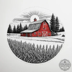 A classic red barn in a field of golden wheat... - эскиз тату (№1754069512_0, 01.08.2025 17:31) — tattoo-photo.ru