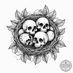 A bird's nest with small, speckled eggs., con... - эскиз тату (№1754075786_0, 01.08.2025 19:16) — tattoo-photo.ru
