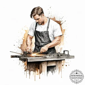 A detailed portrait of a blacksmith at work,... - эскиз тату (№1754090692_0, 01.08.2025 23:24) — tattoo-photo.ru