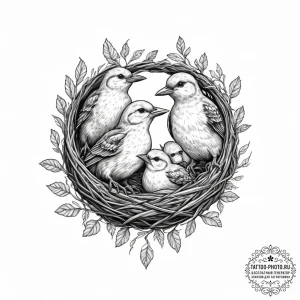 Tattoo sketch a mother bird feeding chicks in... - эскиз тату (№1754091093_0, 01.08.2025 23:31) — tattoo-photo.ru