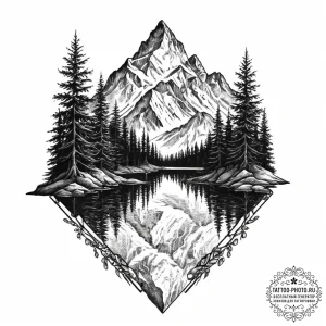 A serene, mirror-like lake in the canadian ro... - эскиз тату (№1754091300_0, 01.08.2025 23:35) — tattoo-photo.ru