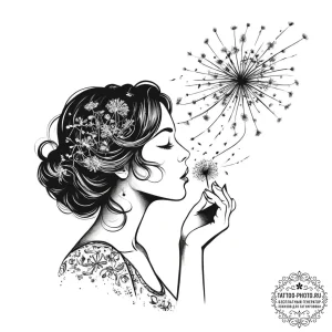 Tattoo sketch a silhouette of a woman blowing... - эскиз тату (№1754091500_0, 01.08.2025 23:38) — tattoo-photo.ru