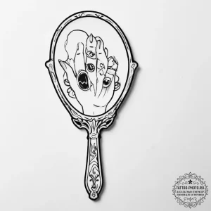 A hand mirror reflecting a ghostly figure, ta... - эскиз тату (№1754092109_0, 01.08.2025 23:48) — tattoo-photo.ru