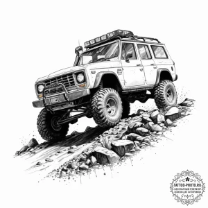 A rugged, mud-splattered 4x4 off-road vehicle... - эскиз тату (№1754093723_0, 02.08.2025 00:15) — tattoo-photo.ru