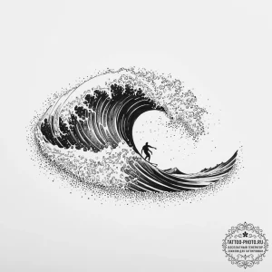 A surfer riding a massive, curling wave., ink... - эскиз тату (№1754096535_0, 02.08.2025 01:02) — tattoo-photo.ru
