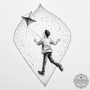 A person flying a kite on a windy day., artis... - эскиз тату (№1754106720_0, 02.08.2025 03:52) — tattoo-photo.ru