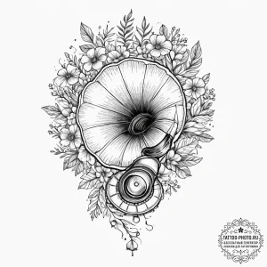 A gramophone with flowers growing out of the... - эскиз тату (№1754109479_0, 02.08.2025 04:37) — tattoo-photo.ru