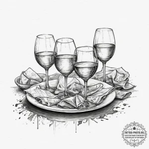 The aftermath of a dinner party, with messy p... - эскиз тату (№1754109878_0, 02.08.2025 04:44) — tattoo-photo.ru