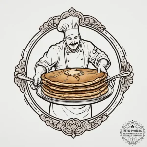 A chef flipping a pancake in a pan., tattoo s... - эскиз тату (№1754111460_0, 02.08.2025 05:11) — tattoo-photo.ru