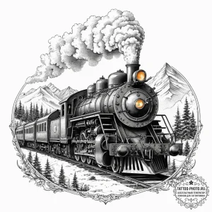 A powerful steam locomotive chugging through... - эскиз тату (№1754241910_0, 03.08.2025 17:25) — tattoo-photo.ru