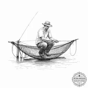 A person repairing a fishing net on a dock. - эскиз тату (№1754245379_0, 03.08.2025 18:22) — tattoo-photo.ru
