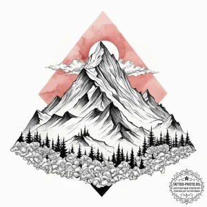 A majestic, snow-capped mountain peak breakin... - эскиз тату (№1754257000_0, 03.08.2025 21:36) — tattoo-photo.ru