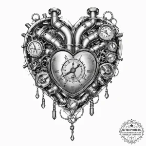 Steampunk heart with pipes and pressure gauge... - эскиз тату (№1754263799_0, 03.08.2025 23:29) — tattoo-photo.ru