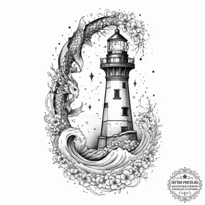 Lighthouse beam revealing constellations, con... - эскиз тату (№1754308698_0, 04.08.2025 11:58) — tattoo-photo.ru