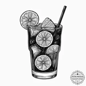 A shot of a glass of cola with ice and a lime... - эскиз тату (№1754310888_0, 04.08.2025 12:34) — tattoo-photo.ru
