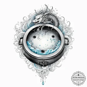 Tattoo sketch a bubbling cauldron with game c... - эскиз тату (№1754311086_0, 04.08.2025 12:38) — tattoo-photo.ru