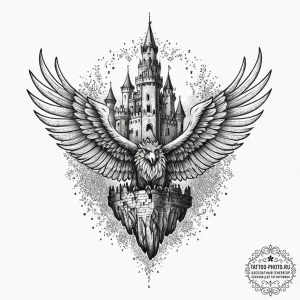 Tattoo sketch a stylized griffin flying over... - эскиз тату (№1754311686_0, 04.08.2025 12:48) — tattoo-photo.ru