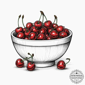 A bowl of ripe, red cherries., concept art fo... - эскиз тату (№1754312692_0, 04.08.2025 13:04) — tattoo-photo.ru