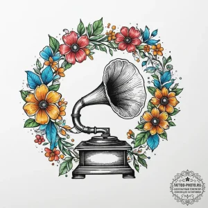 A gramophone with flowers growing out of the... - эскиз тату (№1754324625_0, 04.08.2025 16:23) — tattoo-photo.ru