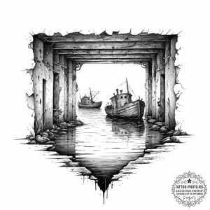 The abandoned, flooded hallways of a sunken s... - эскиз тату (№1754326242_0, 04.08.2025 16:50) — tattoo-photo.ru