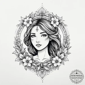 Tattoo design a virgo maiden, half abstract l... - эскиз тату (№1754328454_0, 04.08.2025 17:27) — tattoo-photo.ru
