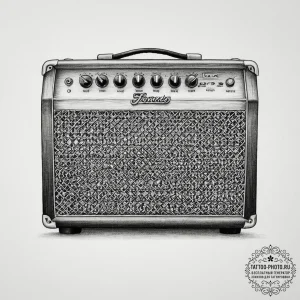A close-up of a guitar amplifier, showing the... - эскиз тату (№1754328854_0, 04.08.2025 17:34) — tattoo-photo.ru
