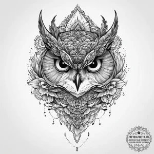 Tattoo design a powerful, unblinking owl's ey... - эскиз тату (№1754329057_0, 04.08.2025 17:37) — tattoo-photo.ru