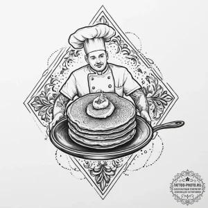 A chef flipping a pancake in a pan., tattoo l... - эскиз тату (№1754332506_0, 04.08.2025 18:35) — tattoo-photo.ru