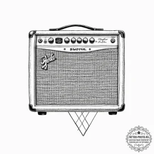 A close-up of a guitar amplifier, showing the... - эскиз тату (№1754334962_0, 04.08.2025 19:16) — tattoo-photo.ru