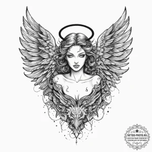 Angel and demon, ink illustration for tattoo,... - эскиз тату (№1754342826_0, 04.08.2025 21:27) — tattoo-photo.ru