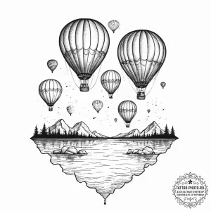 A group of hot air balloons reflected in a ca... - эскиз тату (№1754343847_0, 04.08.2025 21:44) — tattoo-photo.ru