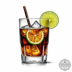 A shot of a glass of cola with ice and a lime… — эскиз тату (№1754348148_0, 04.08.2025 22:55) — tattoo-photo.ru