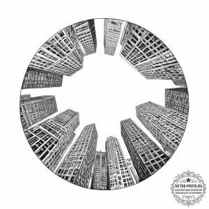 A fish-eye lens view of skyscrapers in a fina… — эскиз тату (№1754348750_0, 04.08.2025 23:05) — tattoo-photo.ru